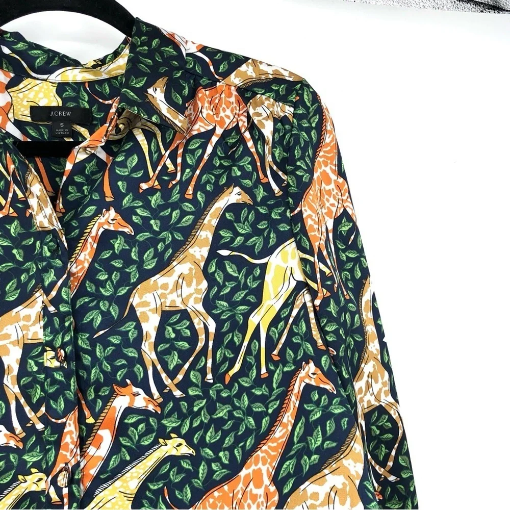 J.CREW Shirtdress in Giraffes Novelty Print Dress Long Sleeve S Navy Saffron